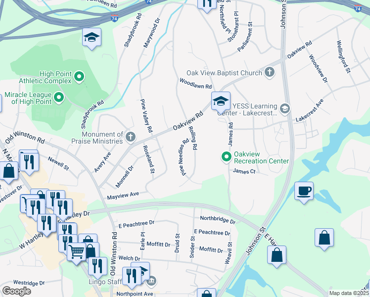 map of restaurants, bars, coffee shops, grocery stores, and more near 3225 Pine Needles Road in High Point