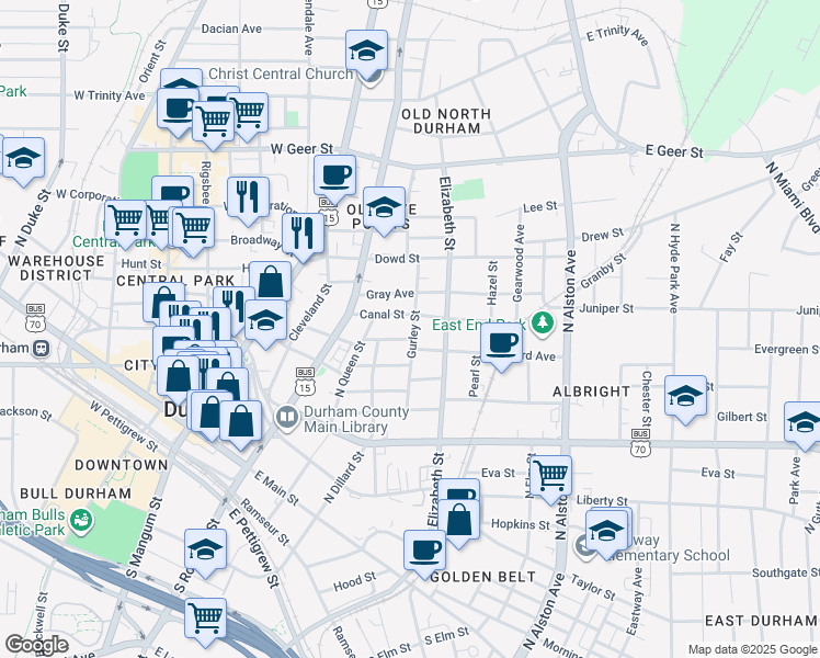 map of restaurants, bars, coffee shops, grocery stores, and more near in Durham