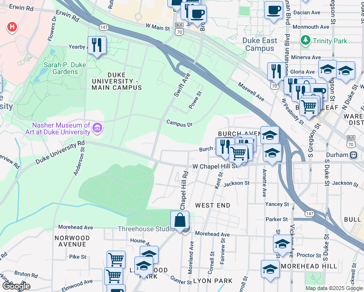 map of restaurants, bars, coffee shops, grocery stores, and more near 1106 Burch Avenue in Durham