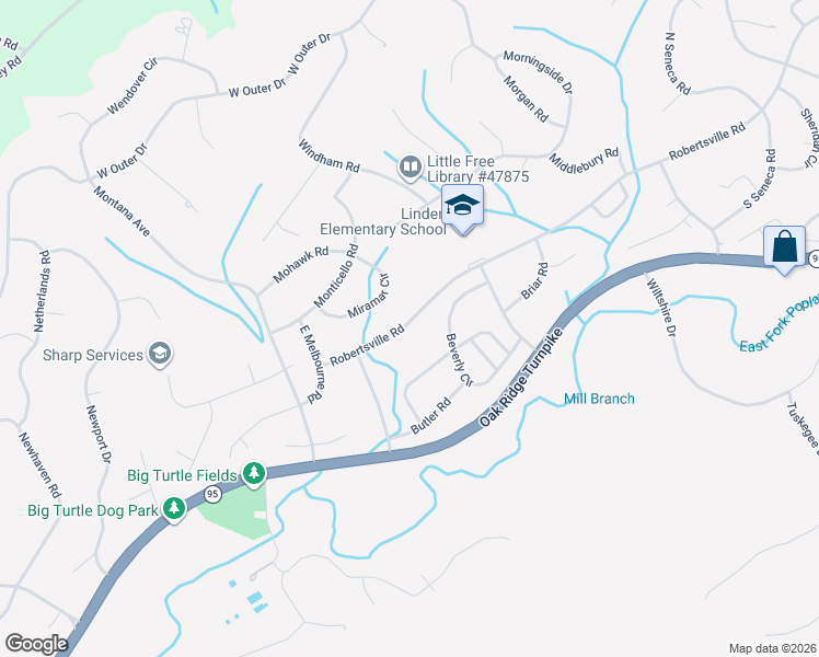 map of restaurants, bars, coffee shops, grocery stores, and more near 726 Robertsville Road in Oak Ridge