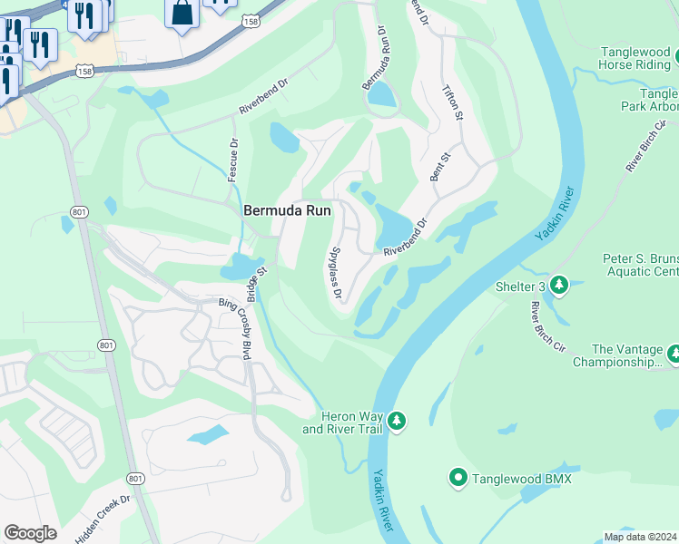 map of restaurants, bars, coffee shops, grocery stores, and more near 181 Spyglass Dr in Bermuda Run