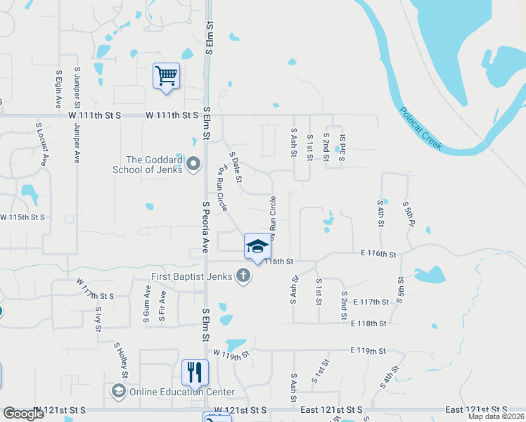 map of restaurants, bars, coffee shops, grocery stores, and more near 211 W 114th Ct in Jenks