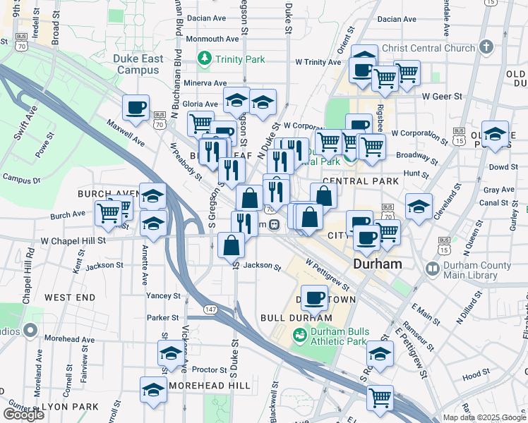 map of restaurants, bars, coffee shops, grocery stores, and more near 605 West Main Street in Durham