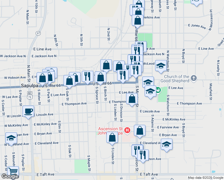map of restaurants, bars, coffee shops, grocery stores, and more near 10 South Linden Street in Sapulpa