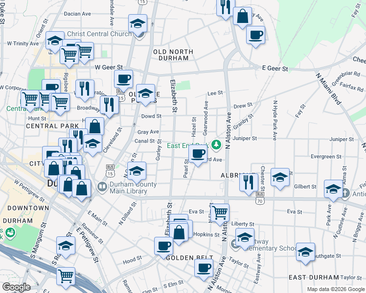 map of restaurants, bars, coffee shops, grocery stores, and more near 610 Canal Street in Durham