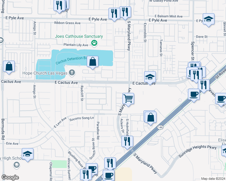 map of restaurants, bars, coffee shops, grocery stores, and more near 10546 Pueblo Springs Street in Las Vegas