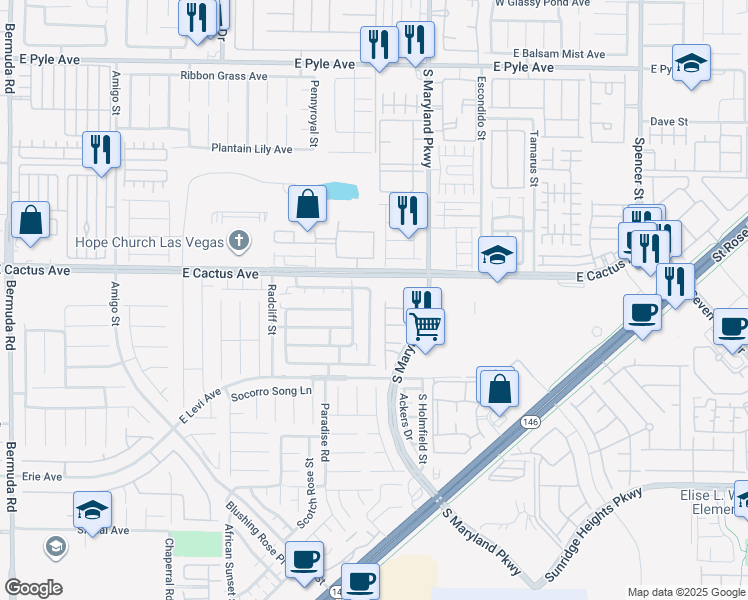 map of restaurants, bars, coffee shops, grocery stores, and more near 10546 Pueblo Springs Street in Las Vegas