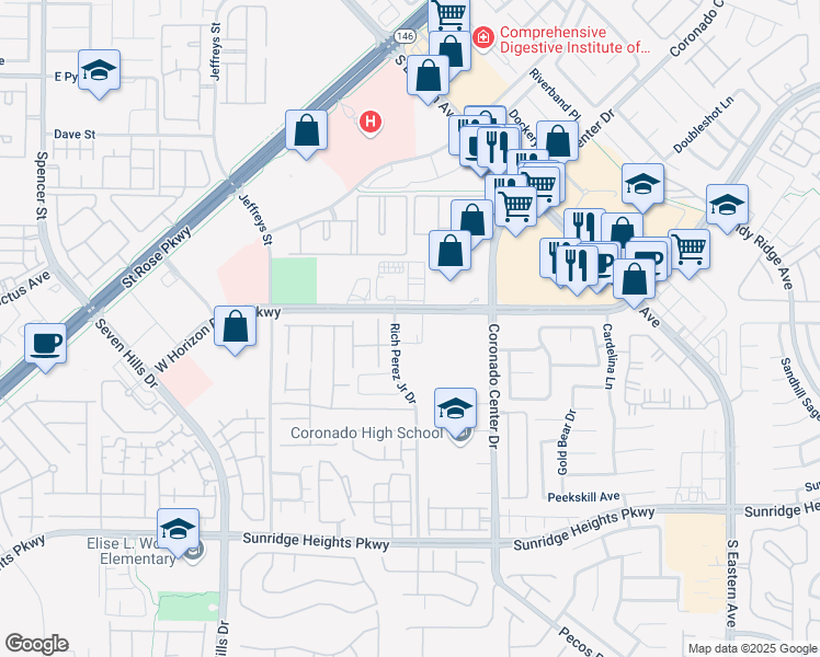 map of restaurants, bars, coffee shops, grocery stores, and more near 2855 West Horizon Ridge Parkway in Henderson