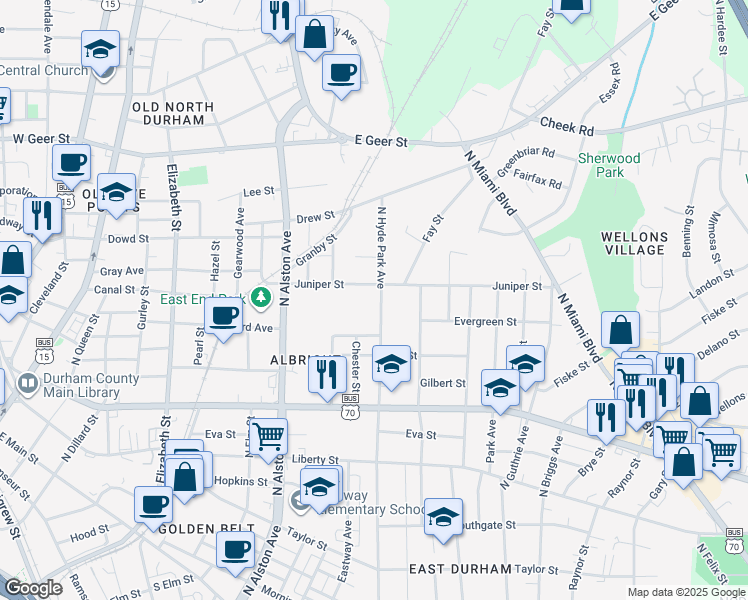 map of restaurants, bars, coffee shops, grocery stores, and more near 1215 North Hyde Park Avenue in Durham