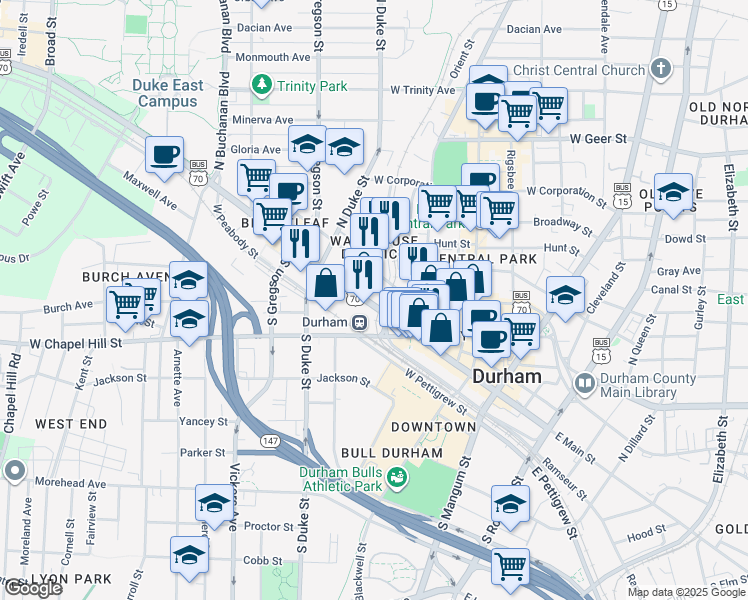 map of restaurants, bars, coffee shops, grocery stores, and more near 601 West Morgan Street in Durham