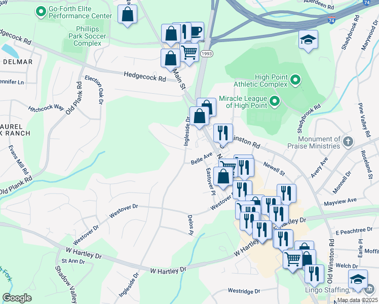 map of restaurants, bars, coffee shops, grocery stores, and more near 3010 Ingleside Drive in High Point
