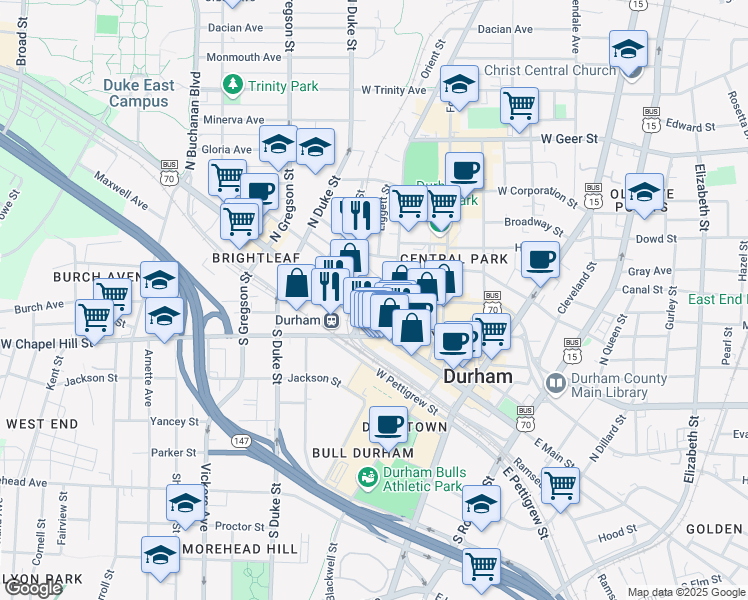 map of restaurants, bars, coffee shops, grocery stores, and more near 420 West Main Street in Durham