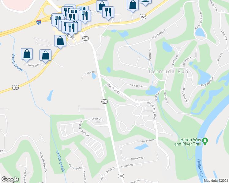 map of restaurants, bars, coffee shops, grocery stores, and more near 172 Hamilton Court in Advance