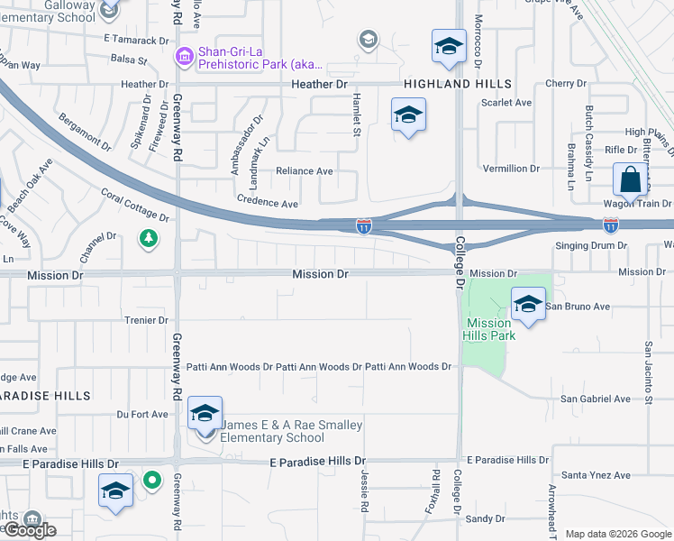 map of restaurants, bars, coffee shops, grocery stores, and more near Mission Drive in Henderson