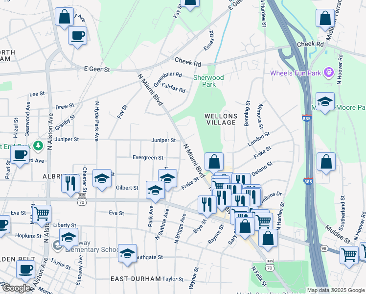 map of restaurants, bars, coffee shops, grocery stores, and more near 1233 N Miami Blvd in Durham