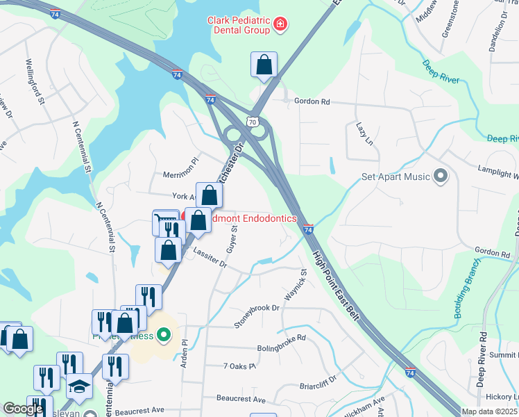 map of restaurants, bars, coffee shops, grocery stores, and more near 2525 Ambassador Court in High Point
