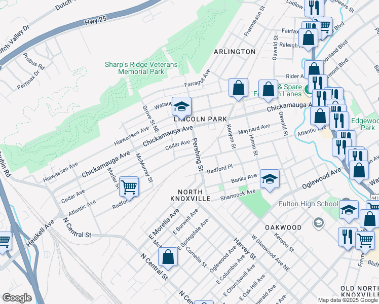 map of restaurants, bars, coffee shops, grocery stores, and more near 529 Atlantic Avenue in Knoxville