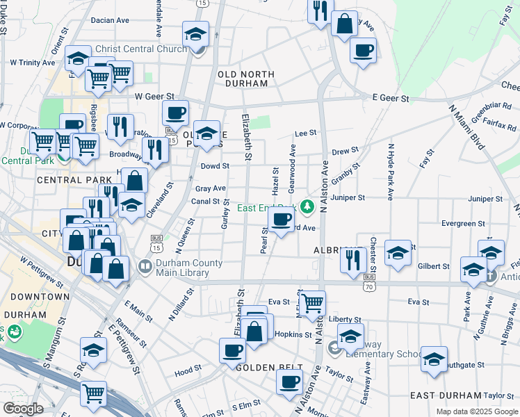 map of restaurants, bars, coffee shops, grocery stores, and more near 610 Canal Street in Durham