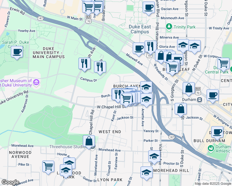 map of restaurants, bars, coffee shops, grocery stores, and more near 908 Burch Avenue in Durham