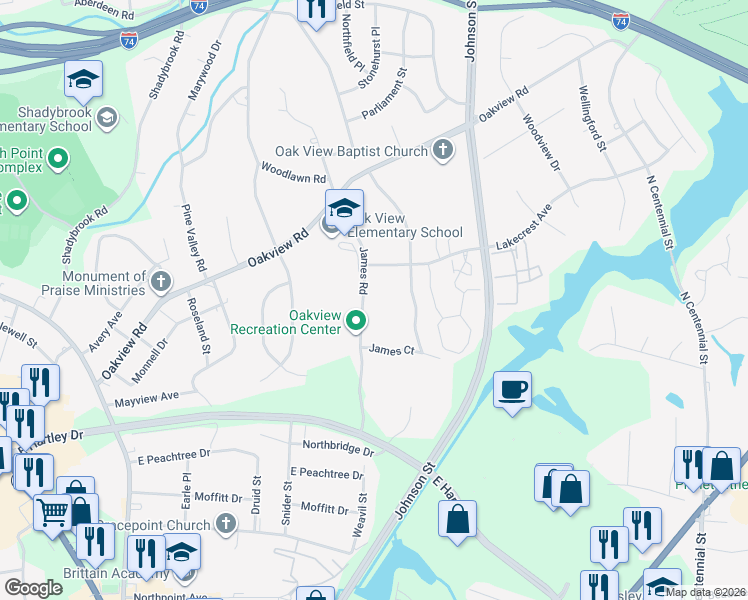 map of restaurants, bars, coffee shops, grocery stores, and more near 522 James Road in High Point