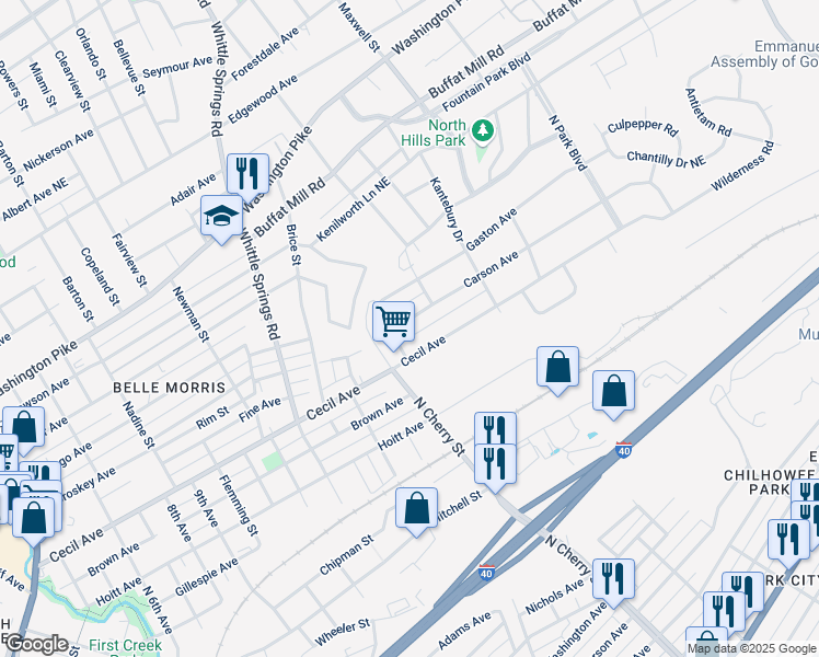 map of restaurants, bars, coffee shops, grocery stores, and more near 2614 Carson Avenue in Knoxville