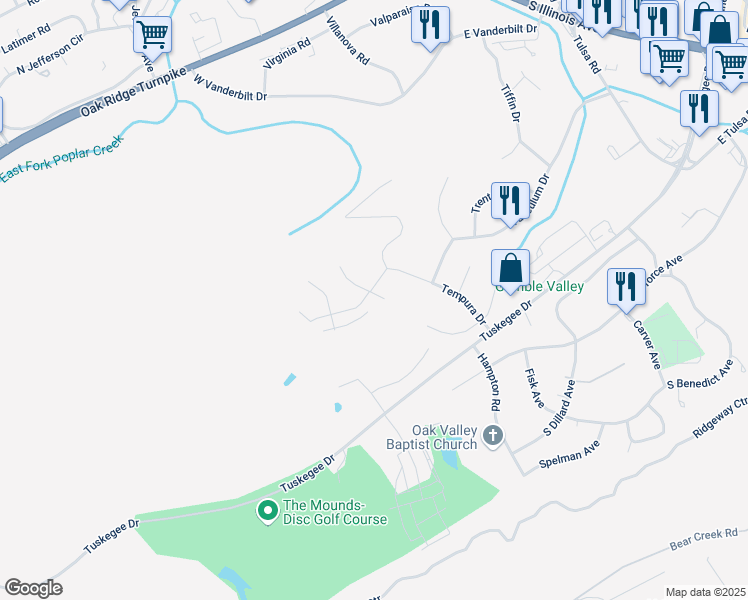 map of restaurants, bars, coffee shops, grocery stores, and more near 102 Targa Lane in Oak Ridge
