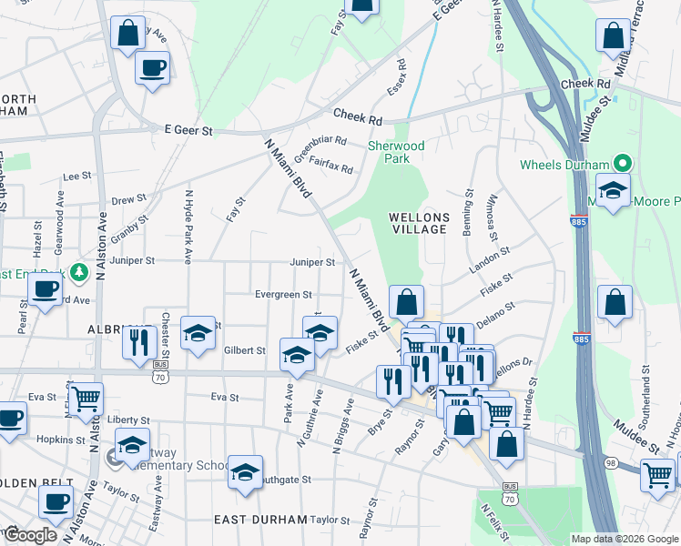 map of restaurants, bars, coffee shops, grocery stores, and more near 1211 North Guthrie Avenue in Durham