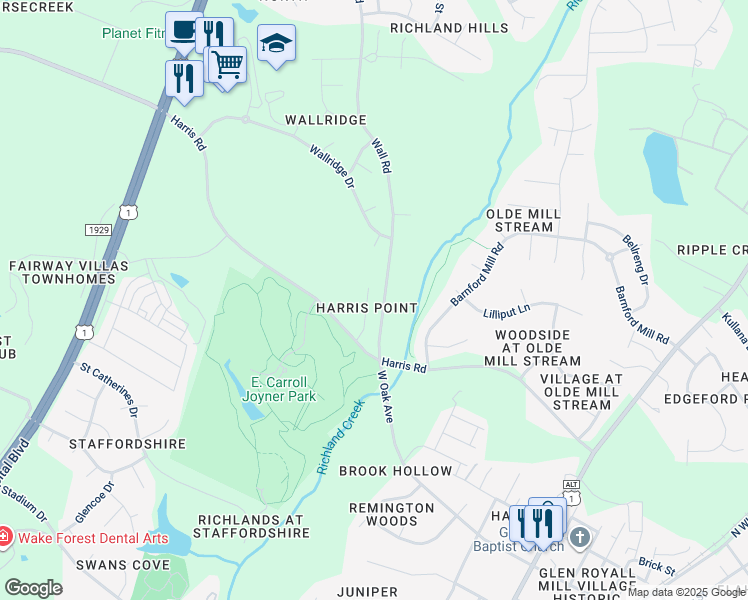 map of restaurants, bars, coffee shops, grocery stores, and more near 624 Harris Point Way in Wake Forest