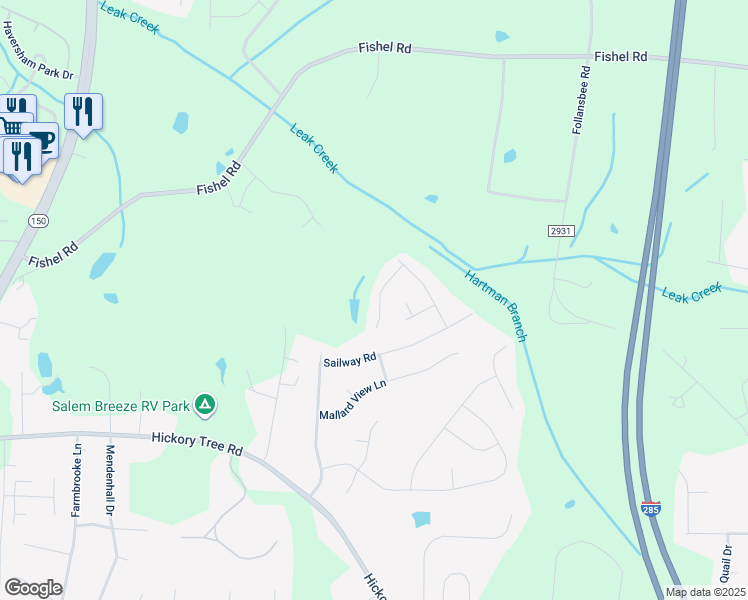 map of restaurants, bars, coffee shops, grocery stores, and more near 351 Walden Ridge Court in Winston-Salem