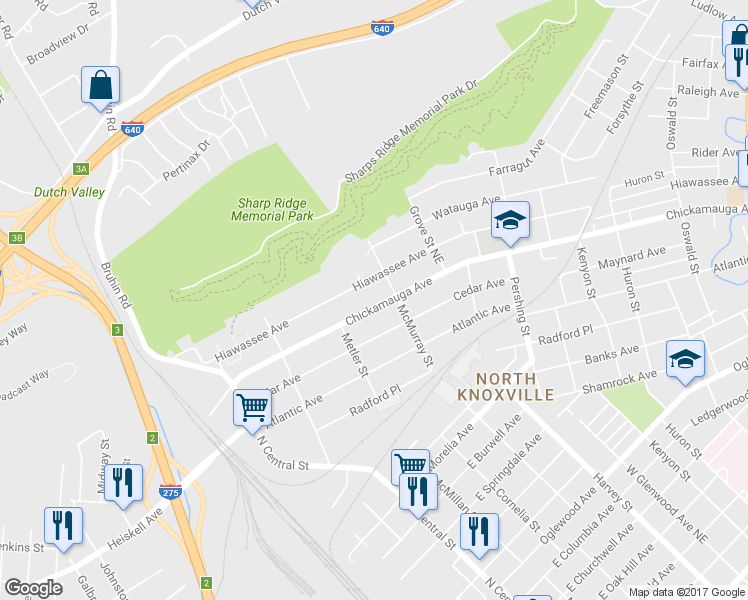 map of restaurants, bars, coffee shops, grocery stores, and more near 343 Chickamauga Avenue in Knoxville