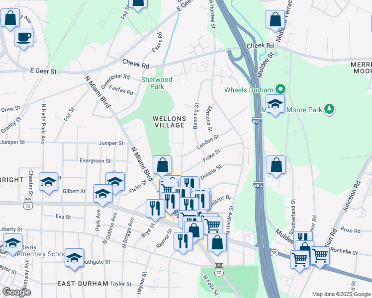 map of restaurants, bars, coffee shops, grocery stores, and more near 1103 Fidelity Drive in Durham