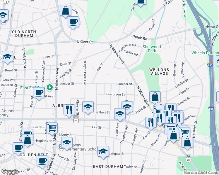 map of restaurants, bars, coffee shops, grocery stores, and more near 1214 North Driver Street in Durham