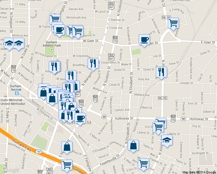 map of restaurants, bars, coffee shops, grocery stores, and more near in Durham