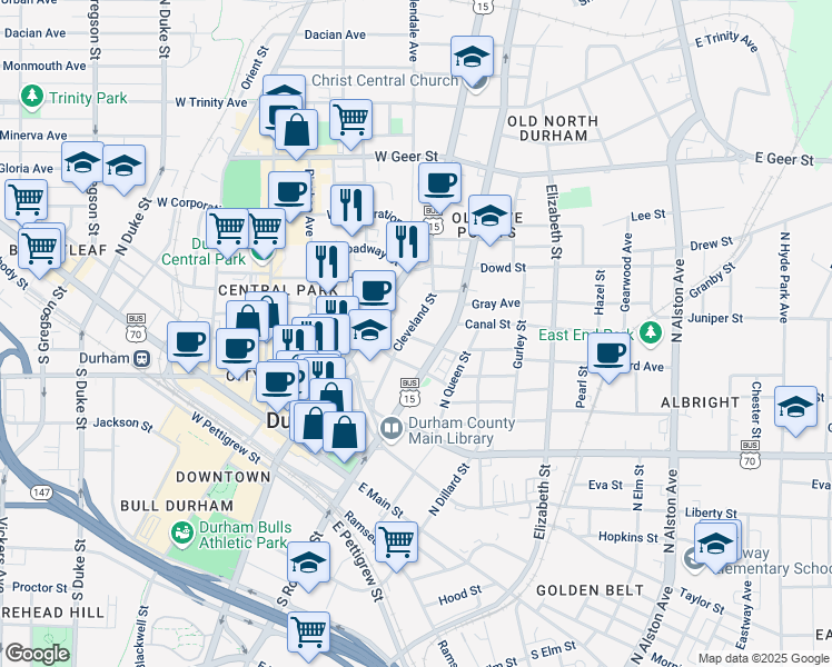 map of restaurants, bars, coffee shops, grocery stores, and more near in Durham
