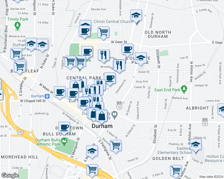 map of restaurants, bars, coffee shops, grocery stores, and more near 514 North Mangum Street in Durham