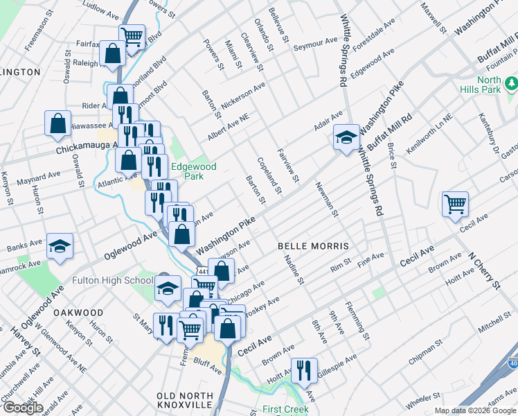 map of restaurants, bars, coffee shops, grocery stores, and more near 1901 Washington Pike in Knoxville