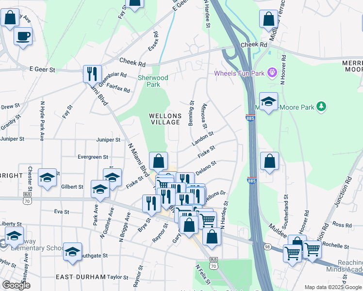 map of restaurants, bars, coffee shops, grocery stores, and more near 1103 Fidelity Drive in Durham