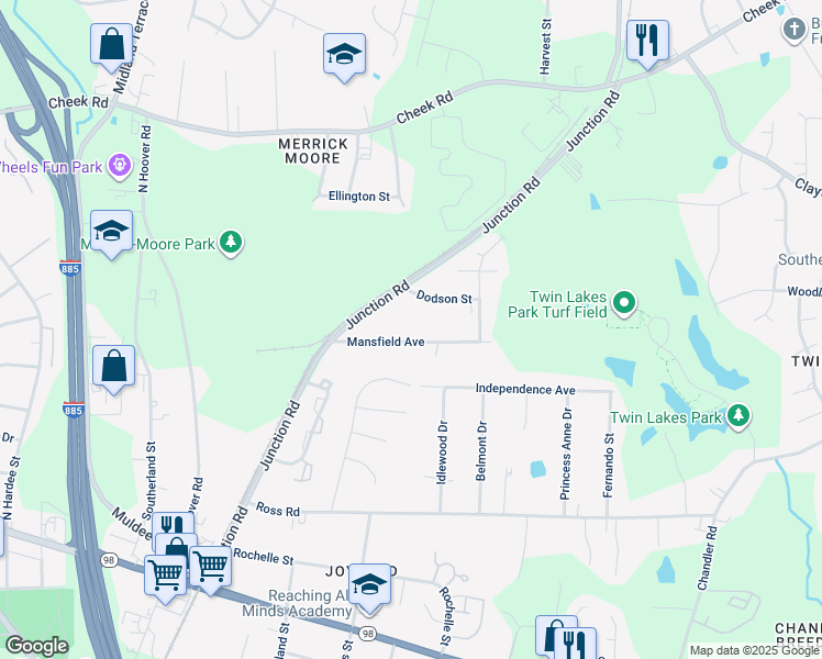 map of restaurants, bars, coffee shops, grocery stores, and more near 2727 Mansfield Avenue in Durham