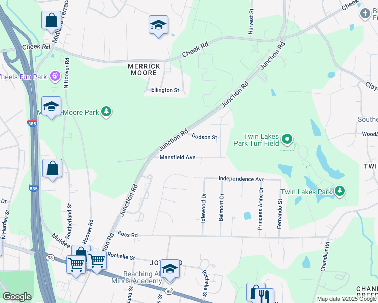 map of restaurants, bars, coffee shops, grocery stores, and more near 2727 Mansfield Avenue in Durham