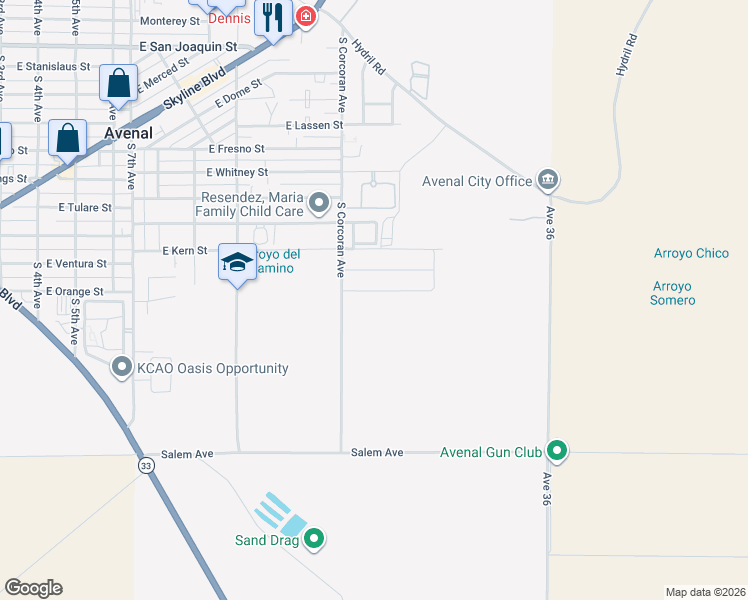 map of restaurants, bars, coffee shops, grocery stores, and more near 1128 East Orange Street in Avenal