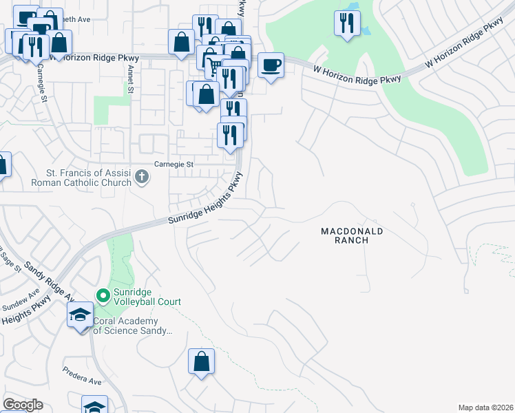map of restaurants, bars, coffee shops, grocery stores, and more near 2169 Radiant Horizon Ave in Henderson