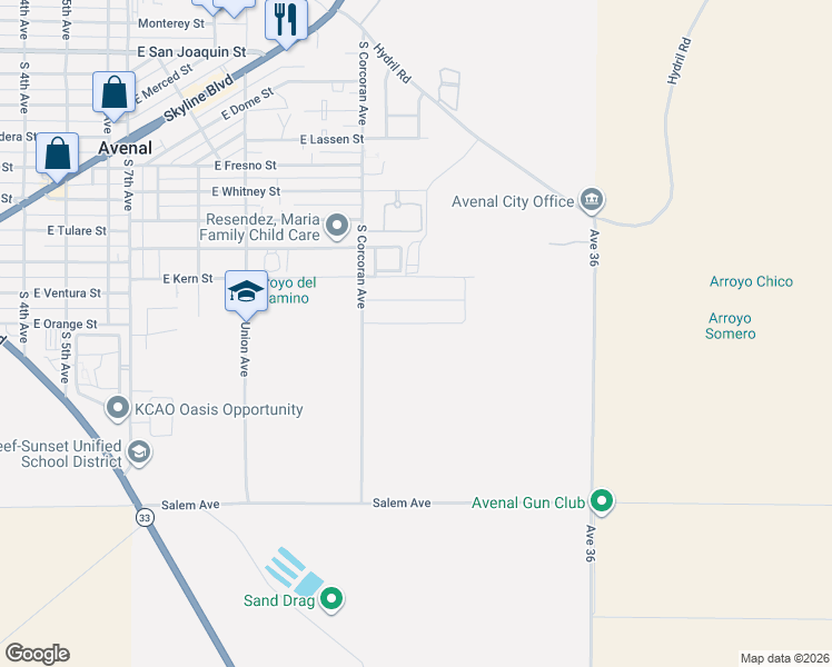 map of restaurants, bars, coffee shops, grocery stores, and more near 1200 East Orange Street in Avenal