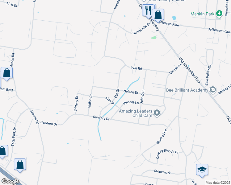 map of restaurants, bars, coffee shops, grocery stores, and more near 148 Elm Street in La Vergne