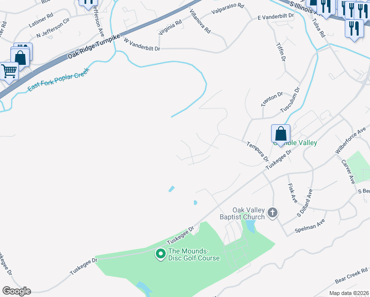 map of restaurants, bars, coffee shops, grocery stores, and more near 205 Taube Lane North in Oak Ridge