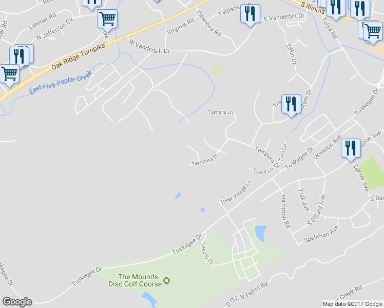 map of restaurants, bars, coffee shops, grocery stores, and more near 205 Taube Lane North in Oak Ridge