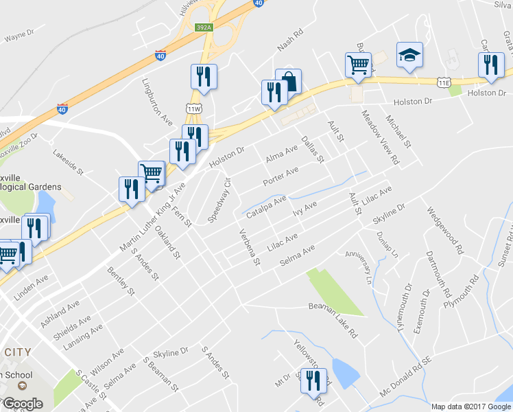 map of restaurants, bars, coffee shops, grocery stores, and more near 3835 Catalpa Avenue in Knoxville