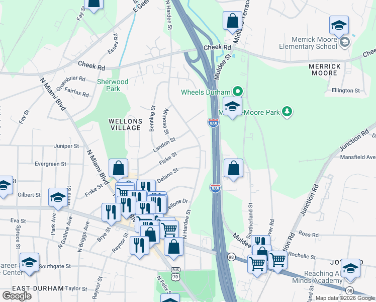 map of restaurants, bars, coffee shops, grocery stores, and more near 1154 Fiske Street in Durham