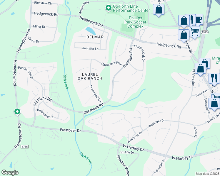 map of restaurants, bars, coffee shops, grocery stores, and more near 5943 Old Plank Road in High Point
