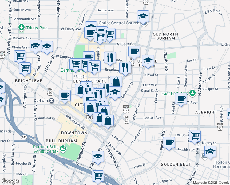 map of restaurants, bars, coffee shops, grocery stores, and more near 506 North Mangum Street in Durham