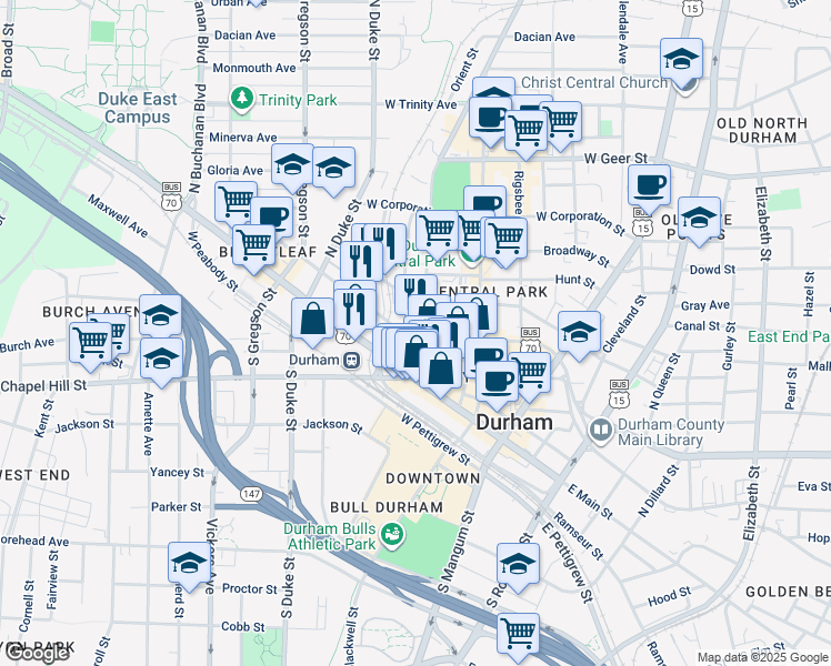 map of restaurants, bars, coffee shops, grocery stores, and more near 500 West Morgan Street in Durham